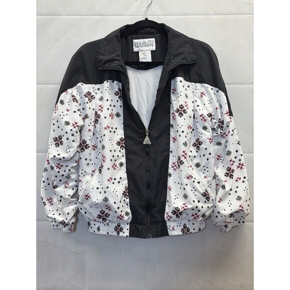 Vintage Wilson Women’s Windbreaker Jacket M White Black Pattern Retro 90s - Picture 2 of 12